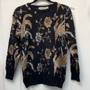 Vintage black gold and silver thread rose print sweater sz S
